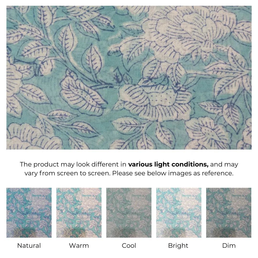 Single-Sided Hand Block Printed Mal Cotton Fabric – Soft Blue Floral | Sold Per Meter