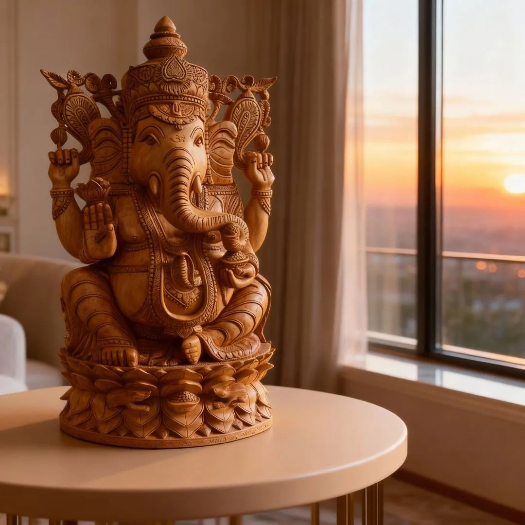Handcrafted Wooden Lord Ganesha Sculpture with Heavy Detailed Carving