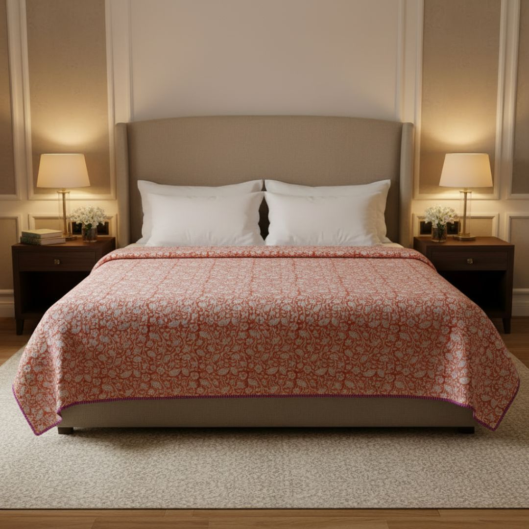 Double Double-Sided Block Printed Cotton Comforter in Grey Floral Pattern