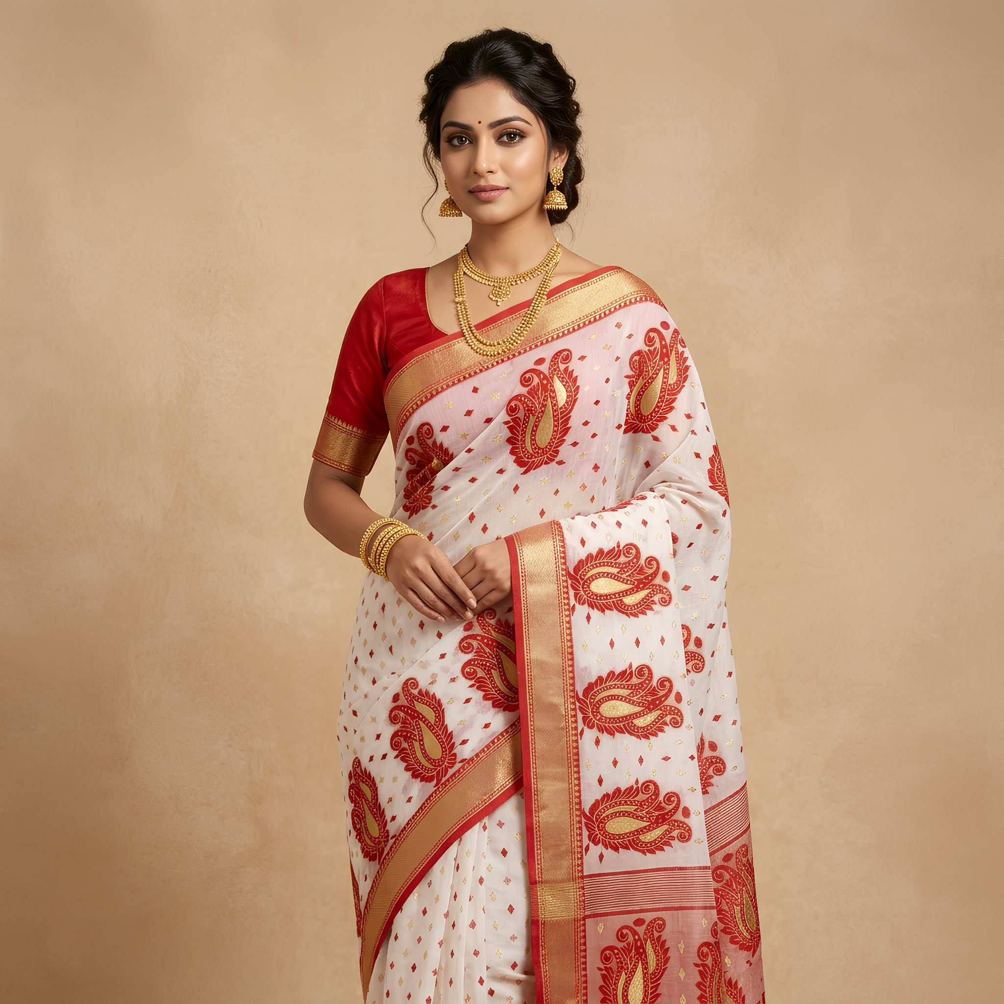 Reshom Dhakai Jamdani Cotton Silk Saree Cream Red Floral