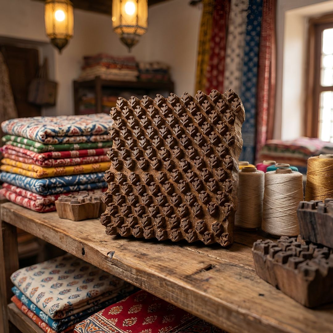 Sagwan Wood Hand-Carved Textile Printing Block with Geometric Floral Pattern