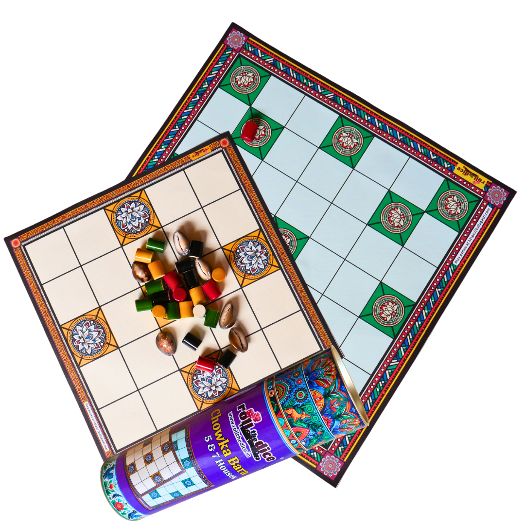 Chowka Bara 5 & 7 House Board Game Combo Set | Cotton Canvas Mat & Wooden Pawns | Ashta Chamma (Telugu), Daayam (Tamil) | Includes How to Play Instructions