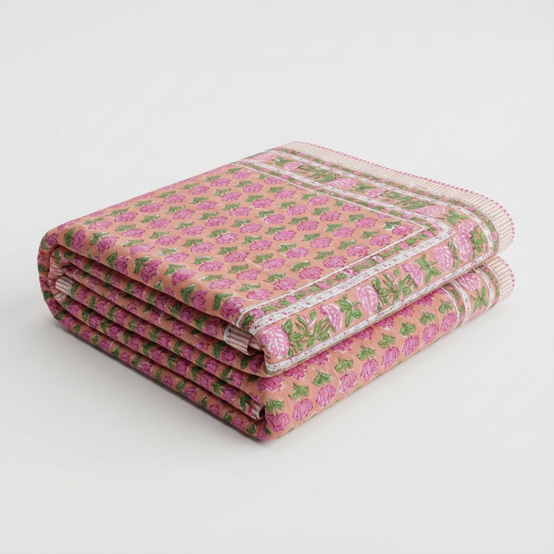 Single Double-Sided Block Printed Cotton Comforter in Pink Green Floral Pattern