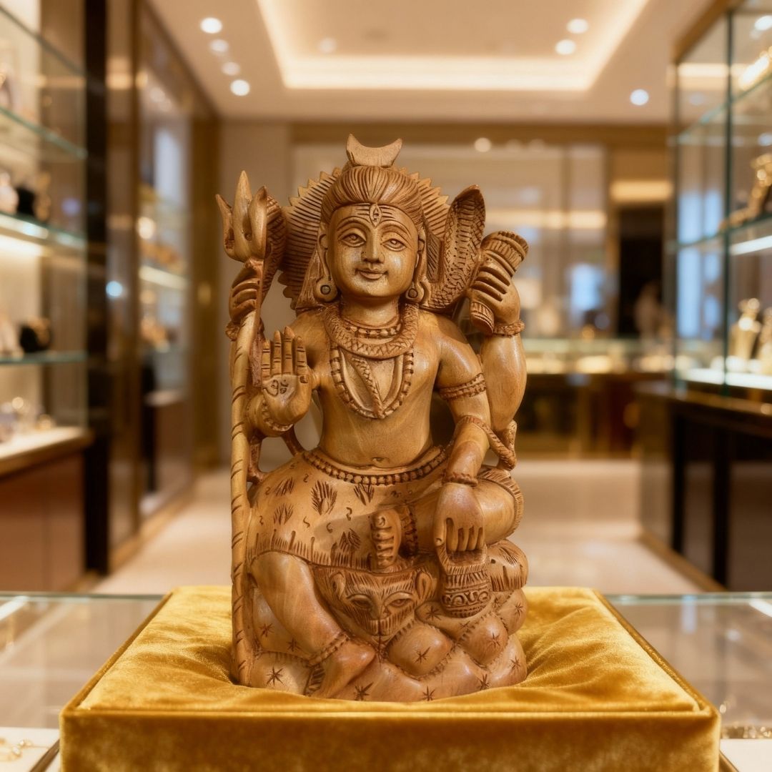 Mini Sandalwood Lord Shiva Idol with Om Hand and Trishul Carving