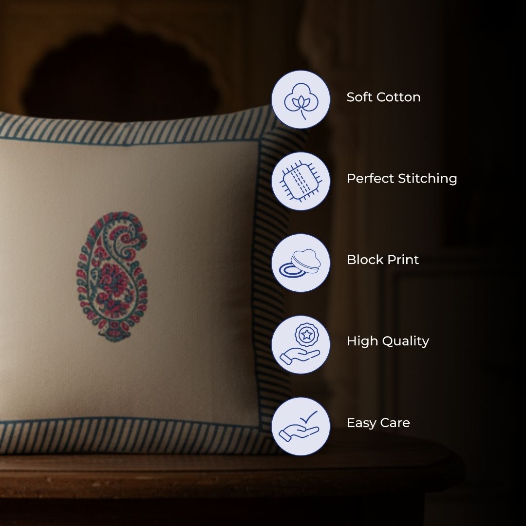 South Cotton Block Printed Cushion Covers with Central Motif & Blue Border (Set of 2)