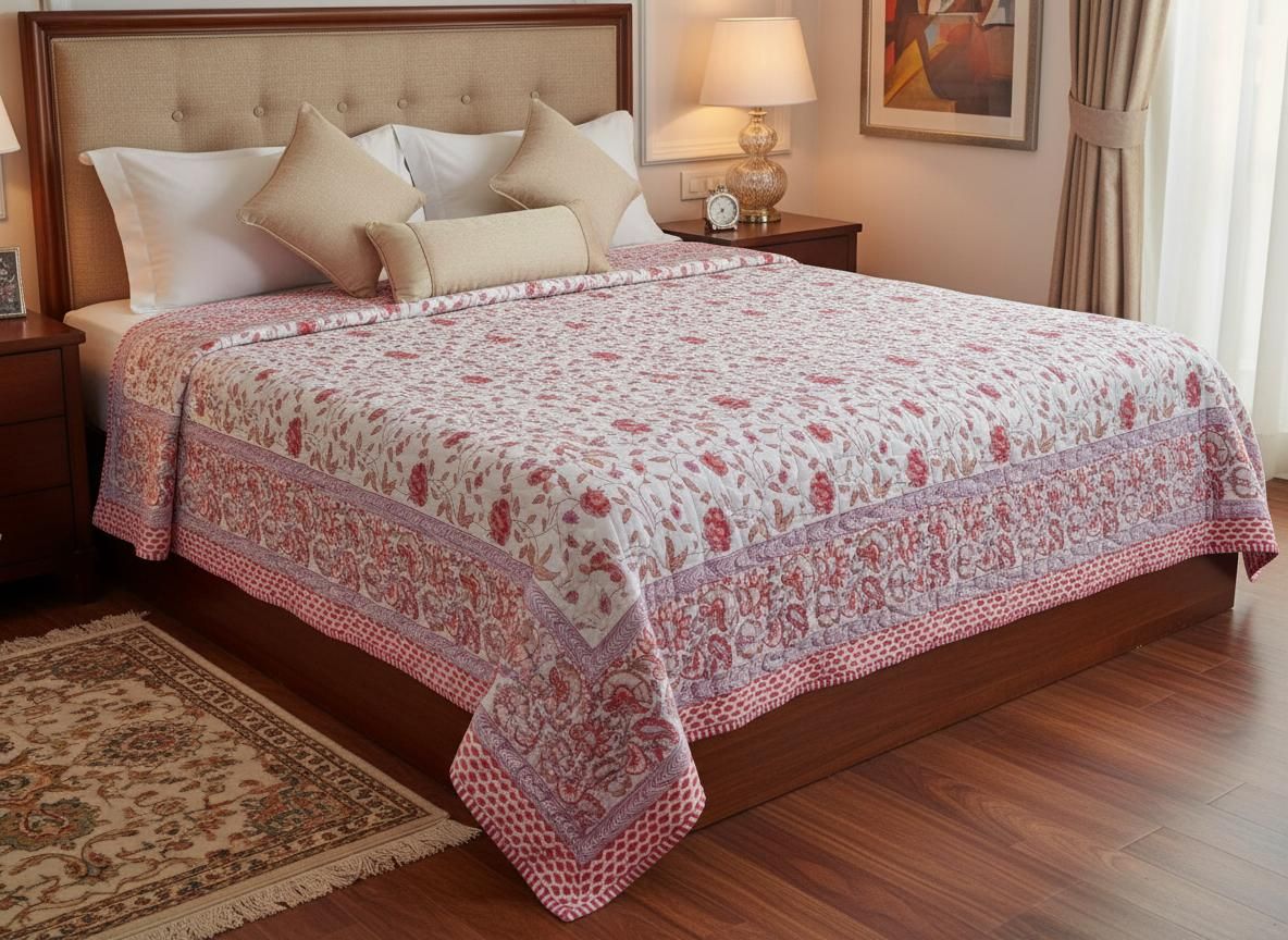 Single Double-Sided Block Printed Cotton Comforter in Pink Floral Pattern