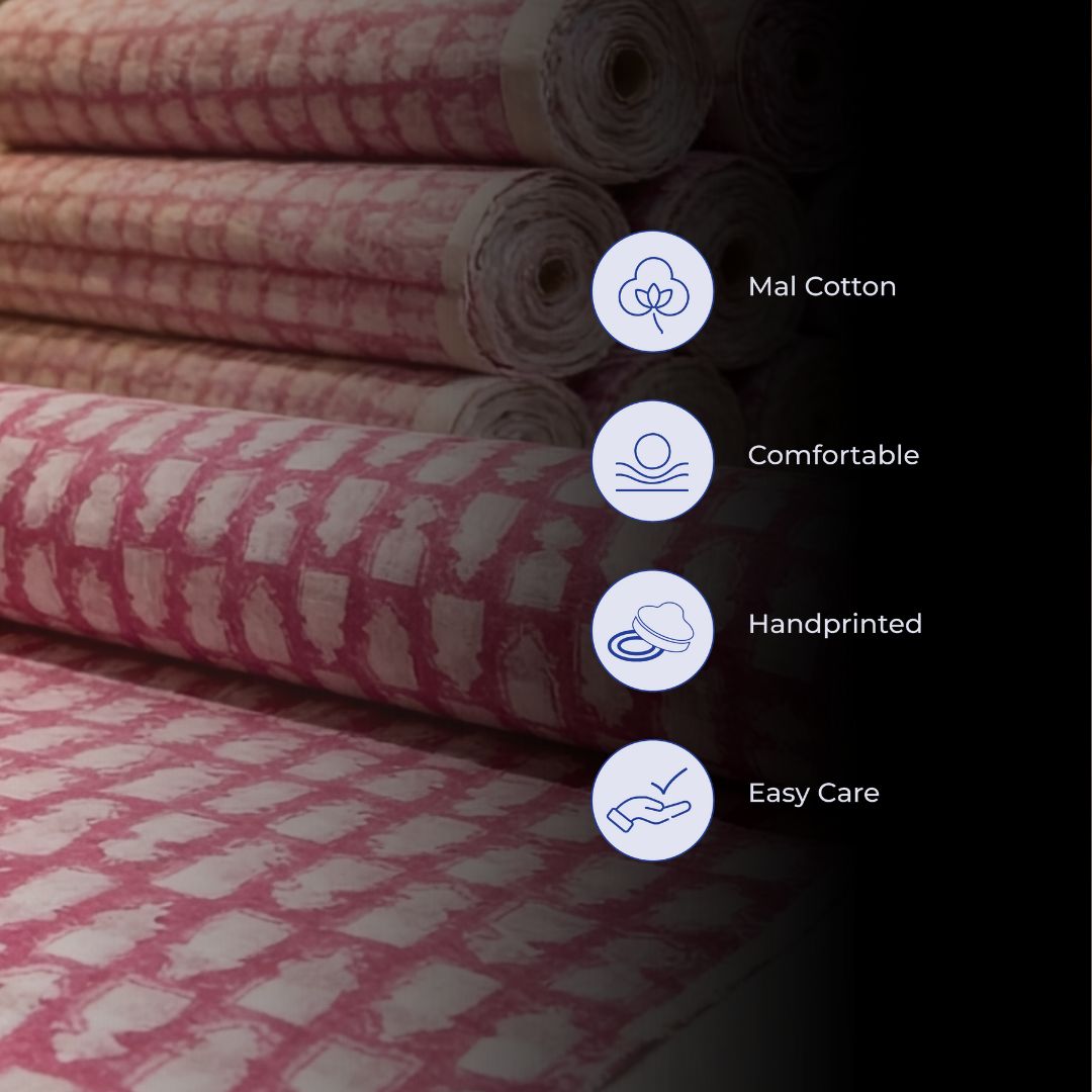 Single-Sided Block Printed Mal Cotton Fabric in Red Geometric Pattern