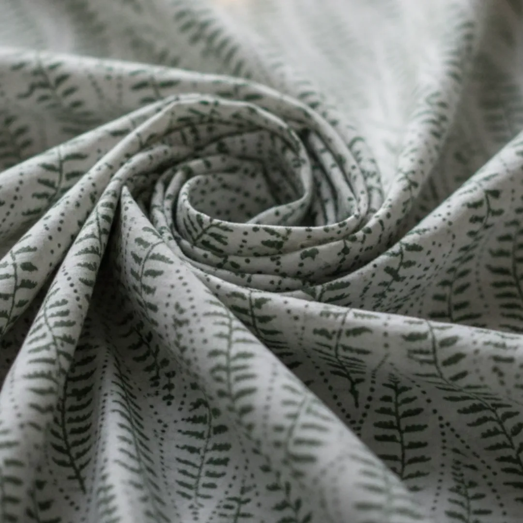 Single-Sided Hand Block Printed Mal Cotton Fabric – Green Floral | Sold Per Meter