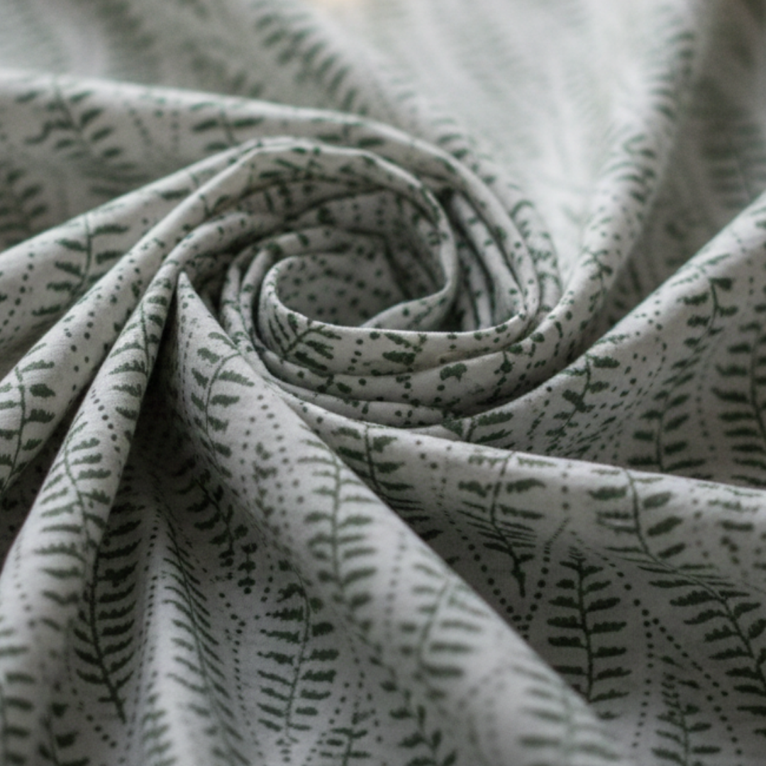 Single-Sided Block Printed Mal Cotton Fabric in Grey Leaf Pattern