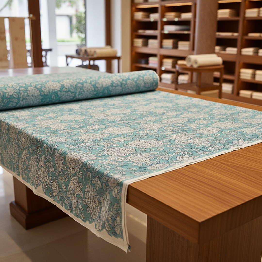 Single-Sided Block Printed Mal Cotton Fabric in Soft Blue Floral Pattern