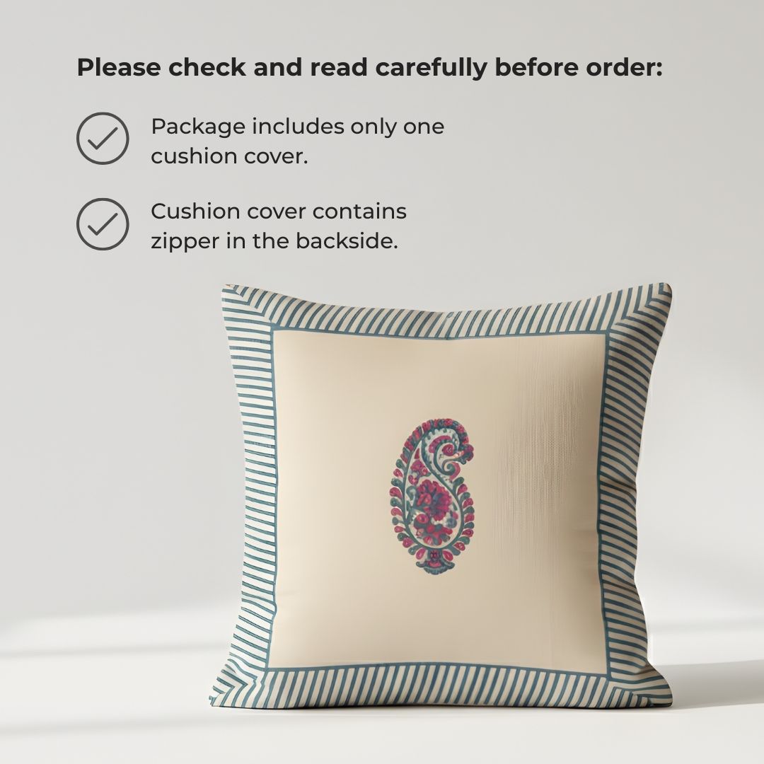 South Cotton Block Printed Cushion Covers with Central Motif & Blue Border (Set of 2)