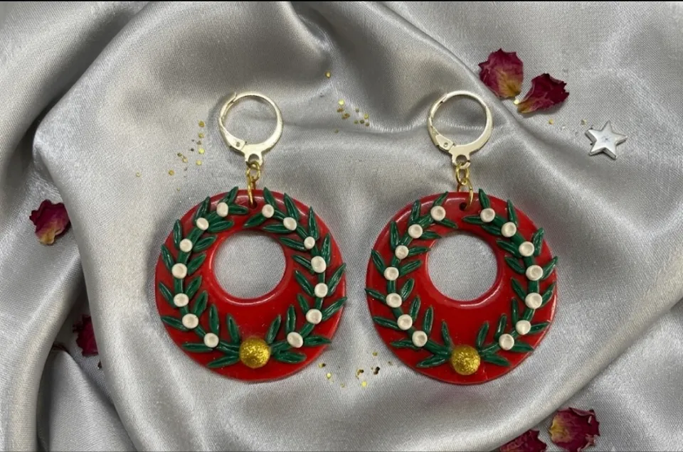 Holiday Edition Red & Green Wreath Clay Drop Earrings