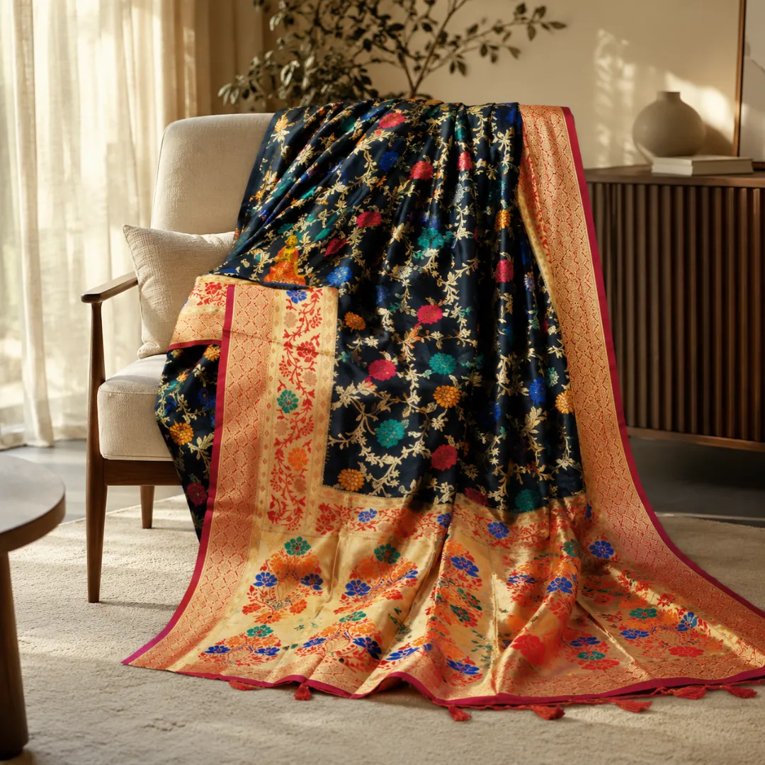 Handcrafted Black Khadi Paithani Silk Saree with Broad Gold Zari Border & Vibrant Floral Meena Work
