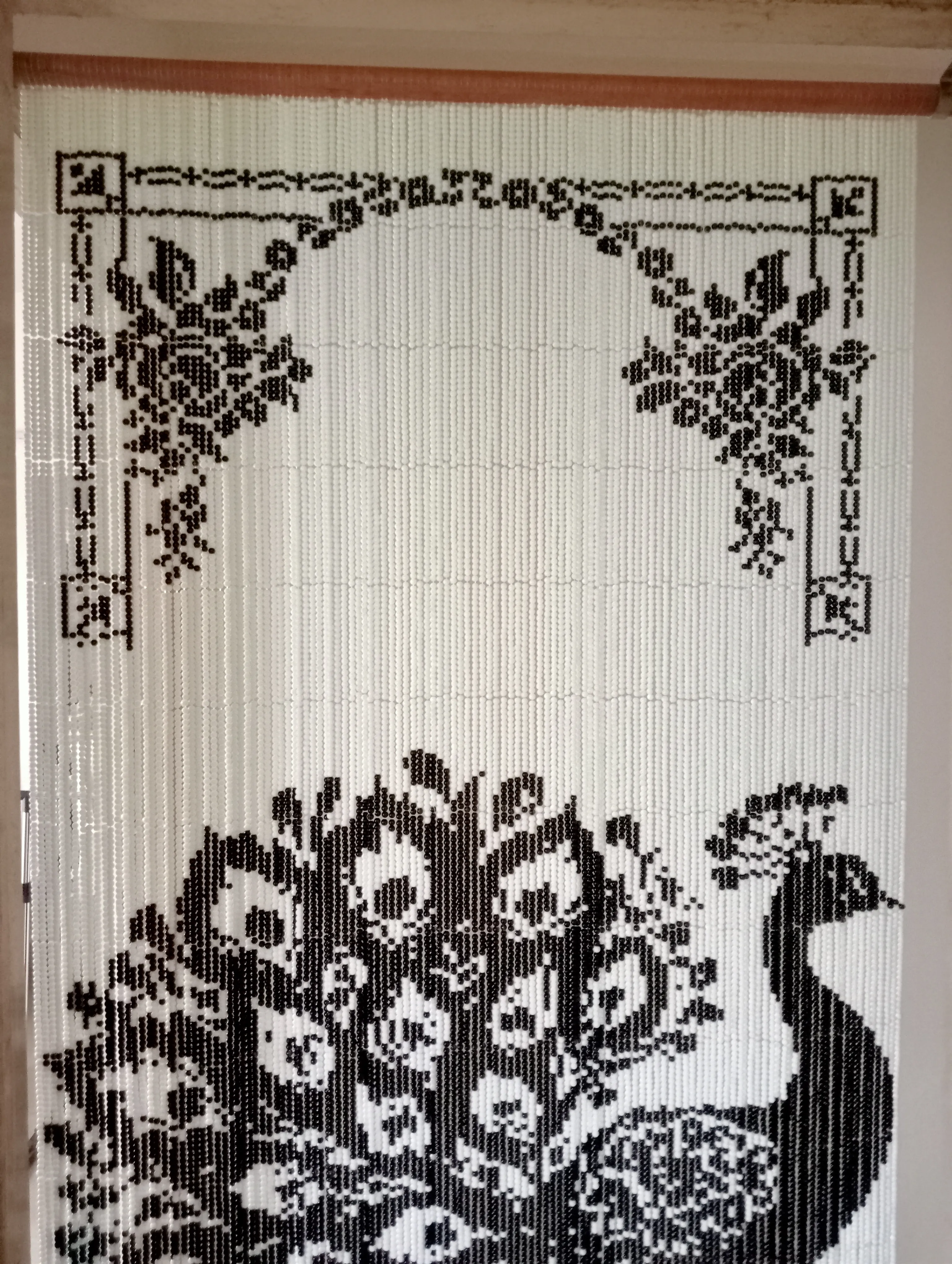 Handcrafted Pixel Glass Bead Curtain - Peacock Design - Featuring 37,700 Black and White Glass Beads