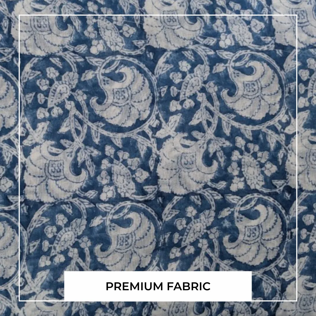 Single-Sided Hand Block Printed Mal Cotton Fabric – Blue Floral | Sold Per Meter