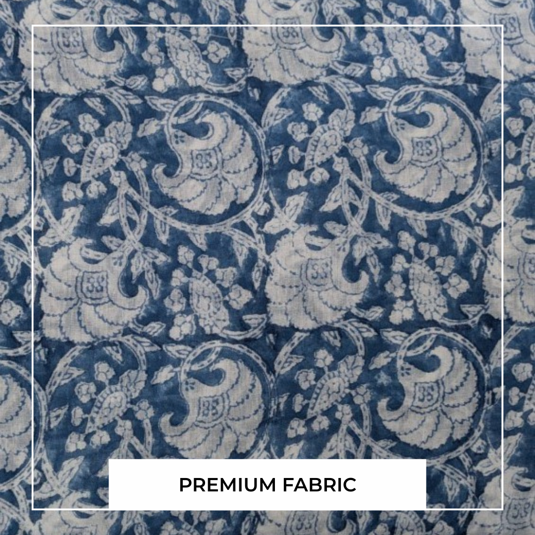 Single-Sided Block Printed Mal Cotton Fabric in Blue Floral Pattern
