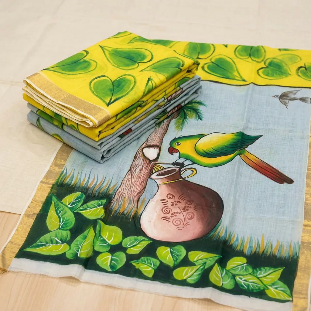 Kerala Cotton Hand-Painted Off-White Saree with Lime Green Leaf Motifs & Scenic Pallu | Includes Blouse Piece