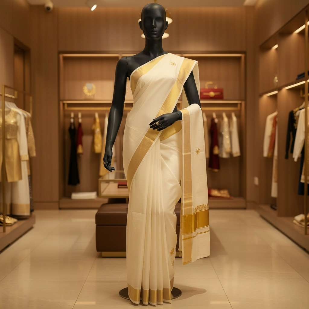 Kerala Kasavu Cotton Saree Cream Gold Border