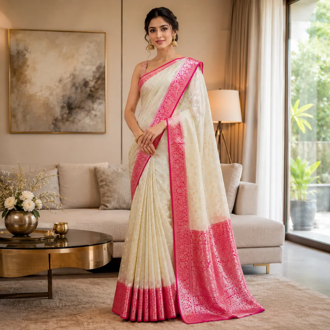 Handcrafted Creamy White Muslin Organza Saree with Deep Pink Zari Border & Blouse