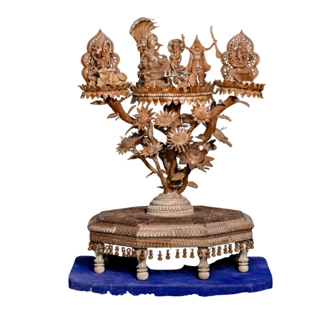 Pure Sandalwood Vishnu Darbar Ensemble with Detailed Temple Carving