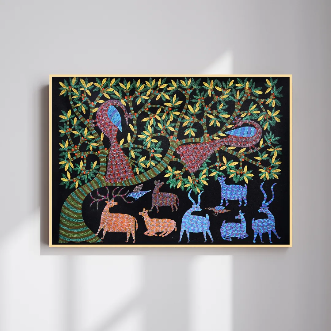 Peacocks and Deer Under the Night Sky 