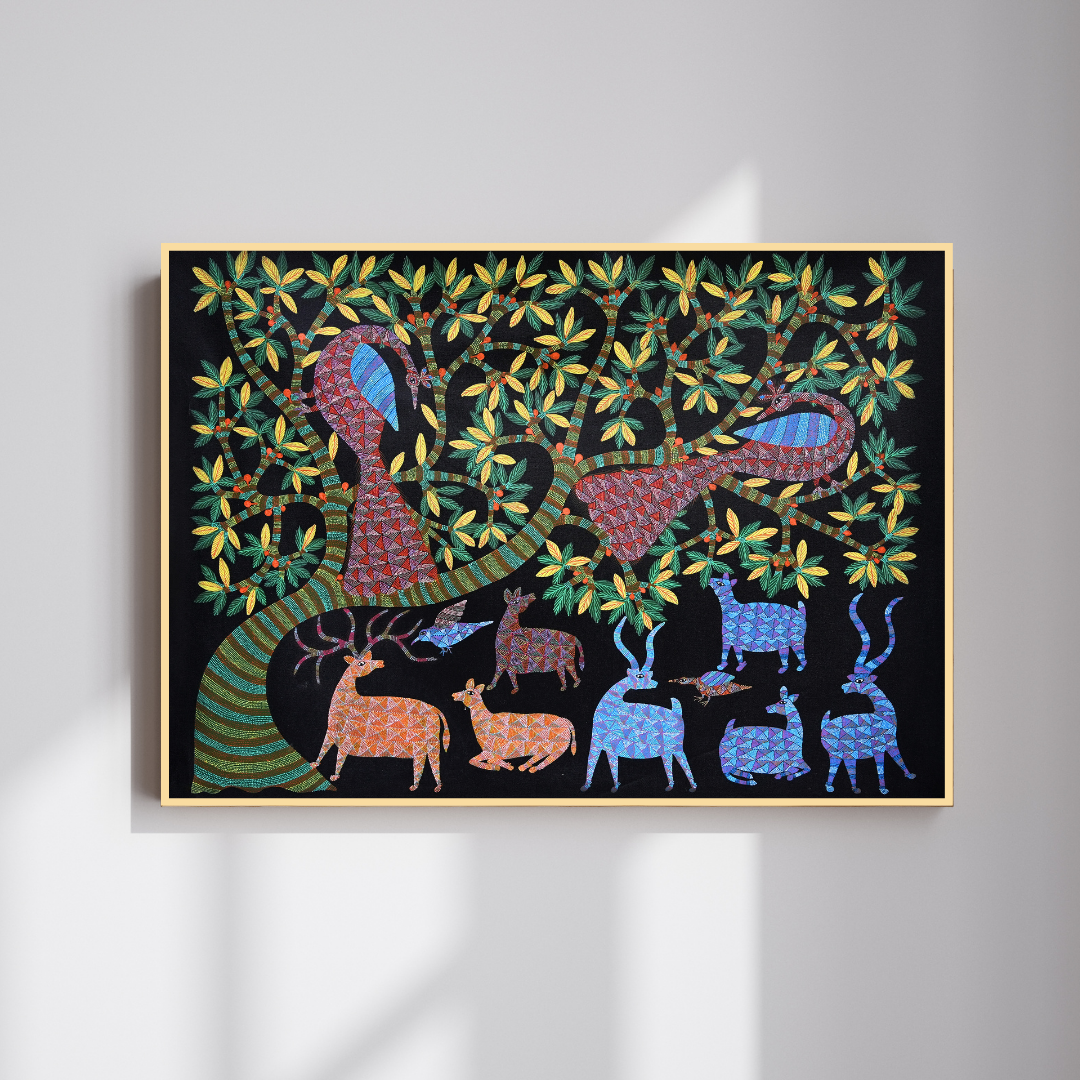 Peacocks and Deer Under the Night Sky 
