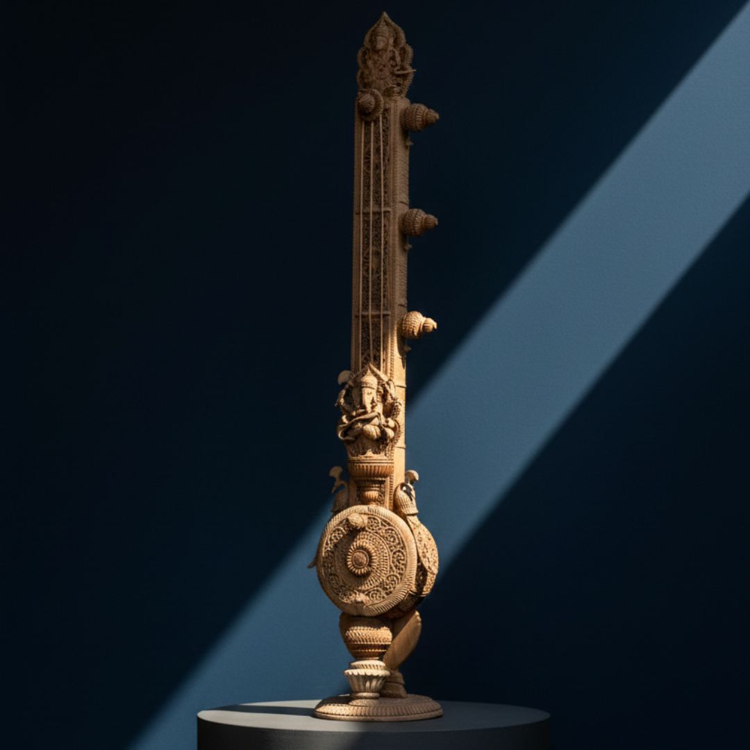 Pure Sandalwood Divine Veena Sculpture with Ornate Carving