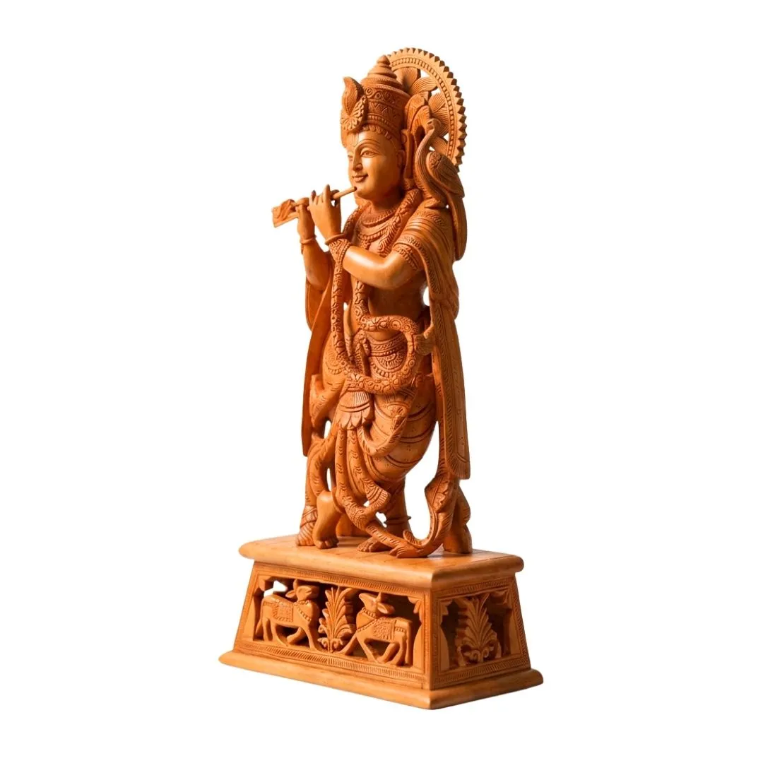 Lord Krishna Wooden Sculpture Standing with Flute Cow and Peacock Base Carving