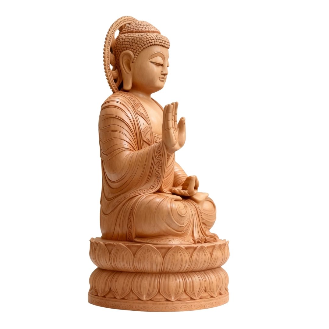 Handcrafted Sandalwood Buddha Idol in Meditation Pose on Double Lotus Base