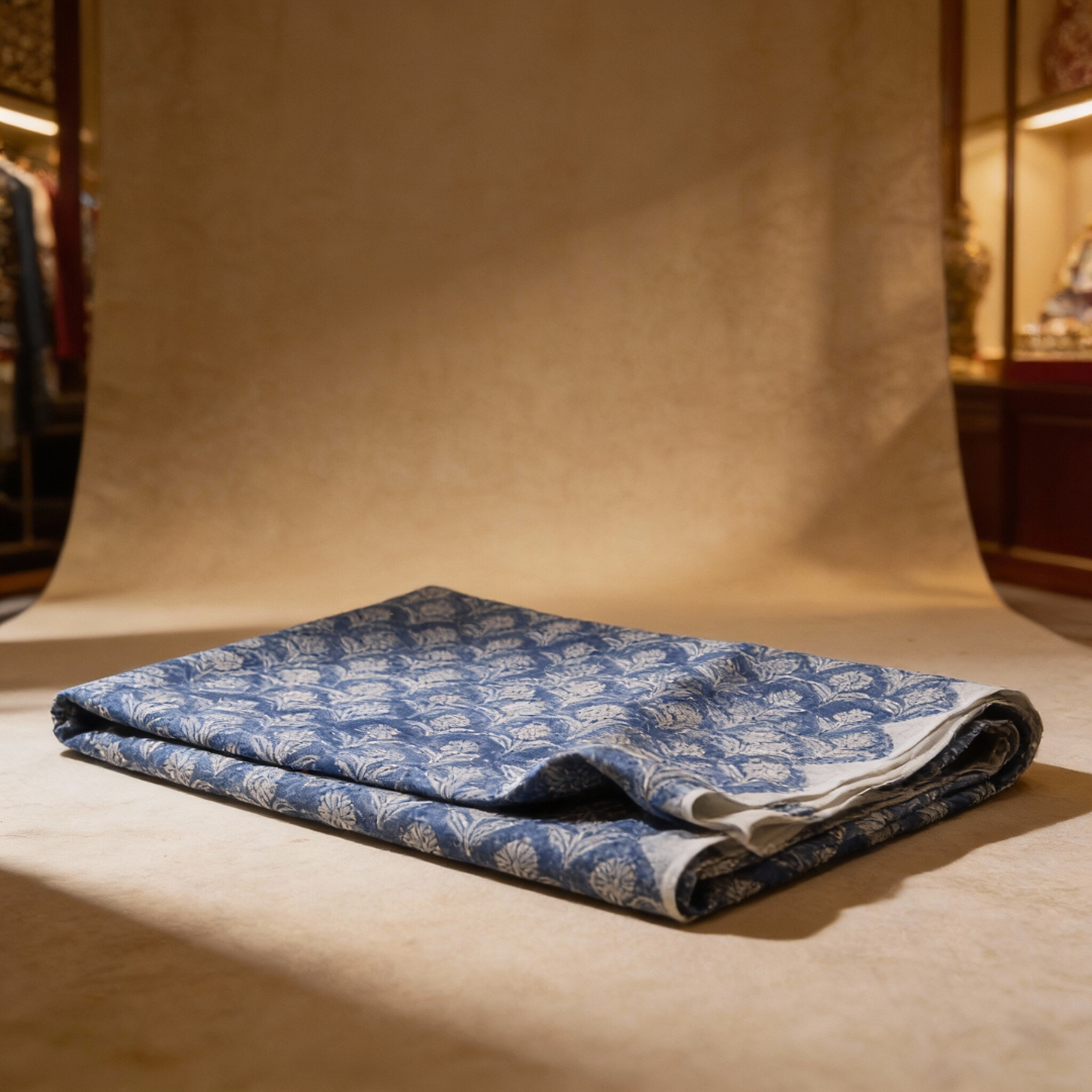 Single-Sided Block Printed Mal Cotton Fabric in Blue Lattice Floral Pattern