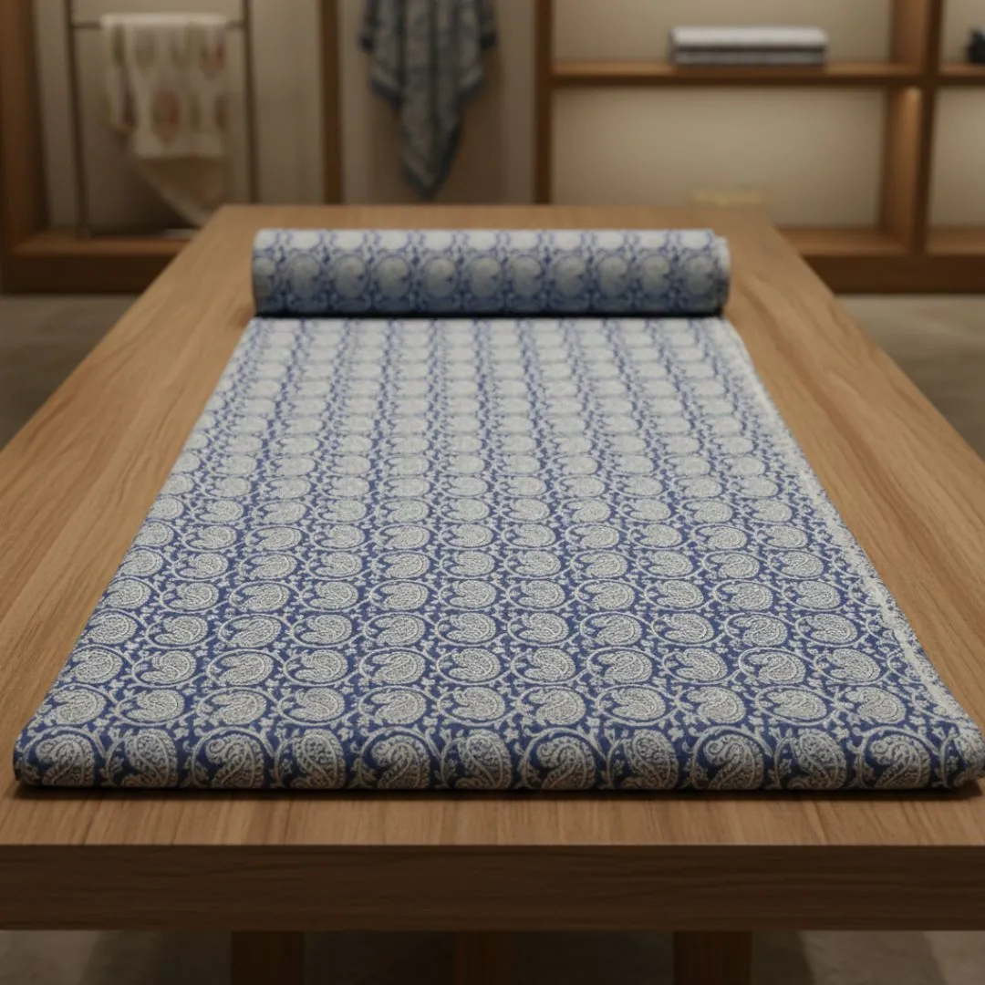 Single-Sided Hand Block Printed Mal Cotton Fabric – Blue Geometric | Sold Per Meter