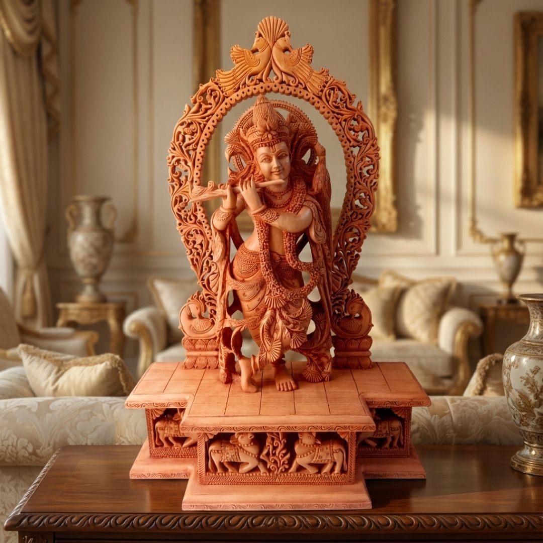 Lord Krishna Standing with Flute on Lotus Base and Peacock Arch Sculpture