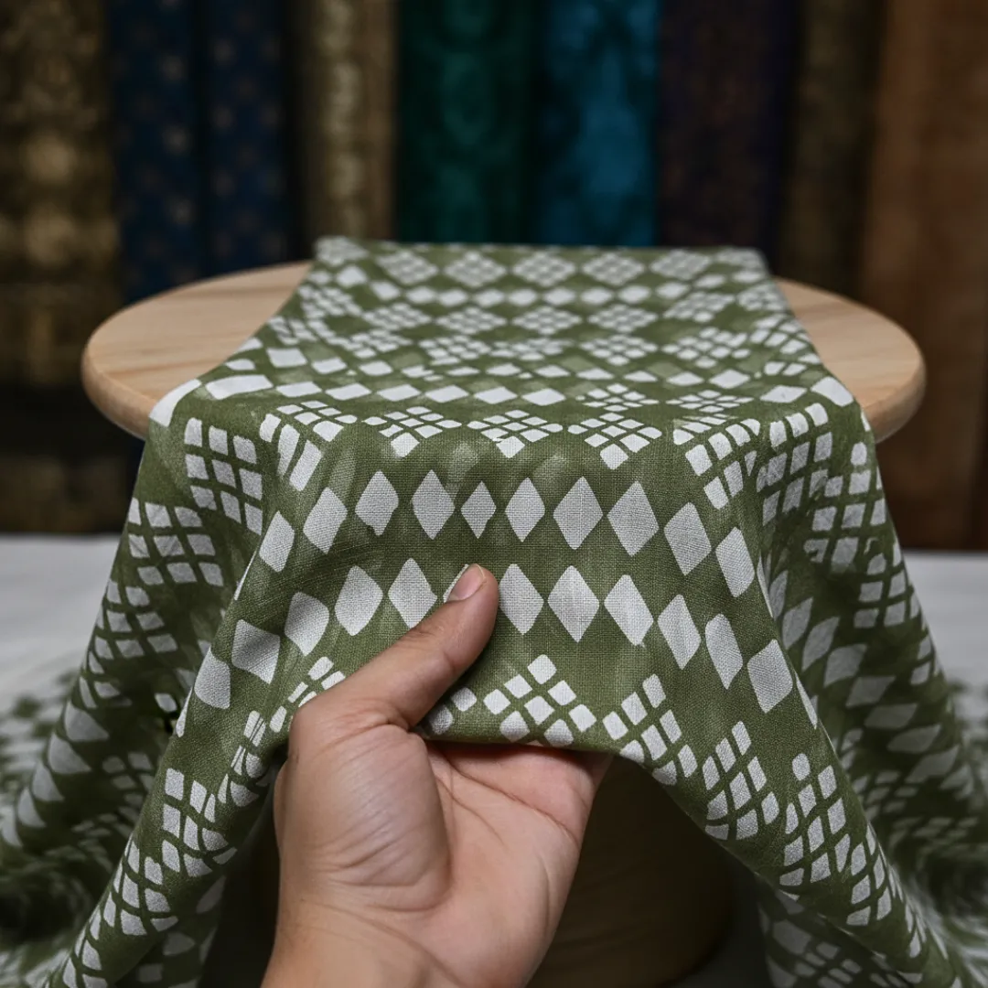 Single-Sided Hand Block Printed Mal Cotton Fabric – Green Geometric | Sold Per Meter