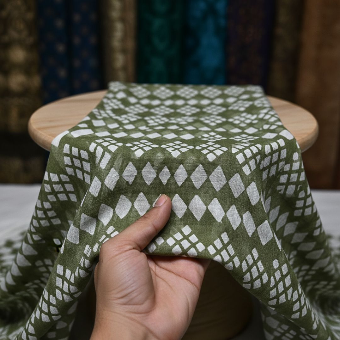 Single-Sided Block Printed Mal Cotton Fabric in Green Geometric Pattern