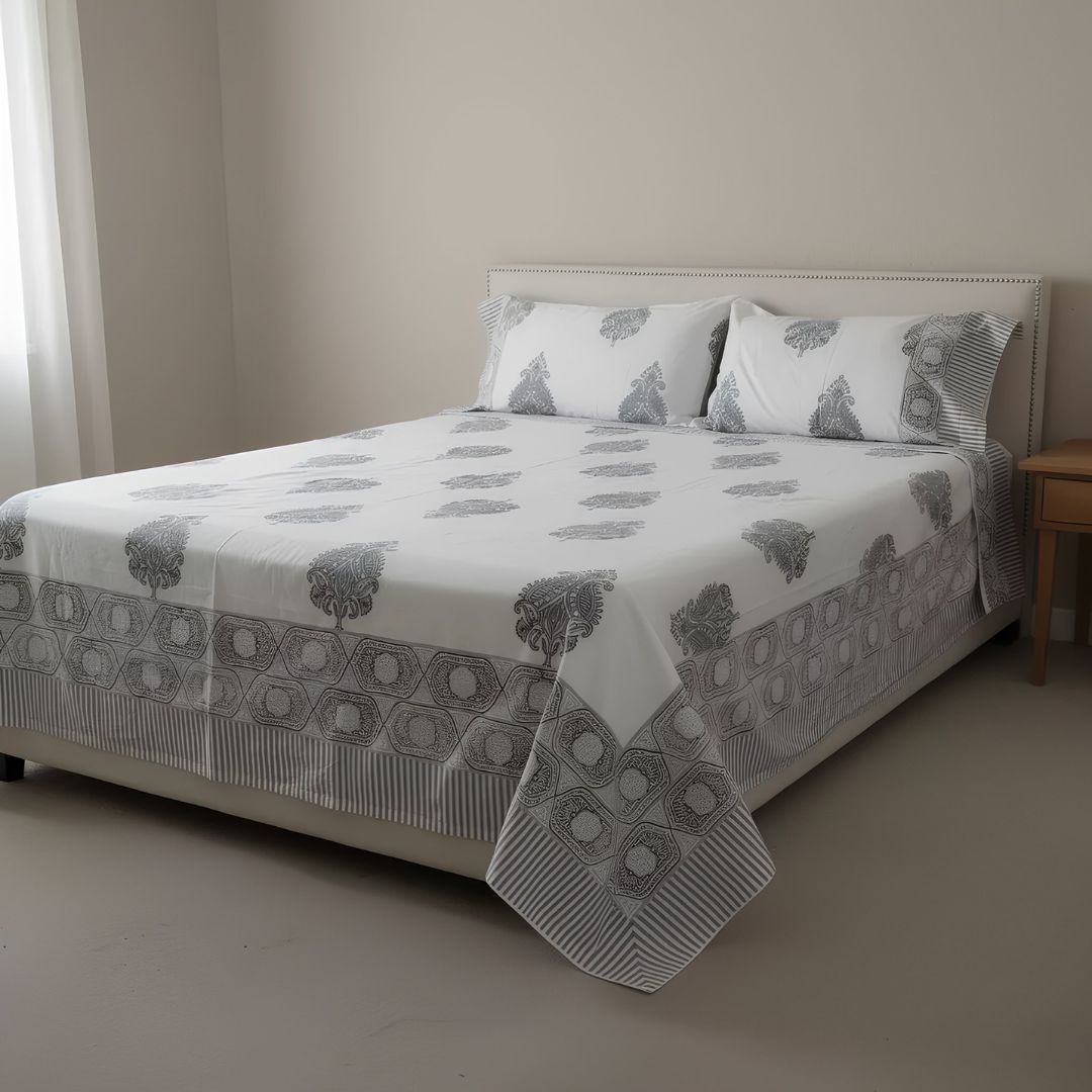 Single-Sided Block Printed Double Bedsheet in Grey Motif