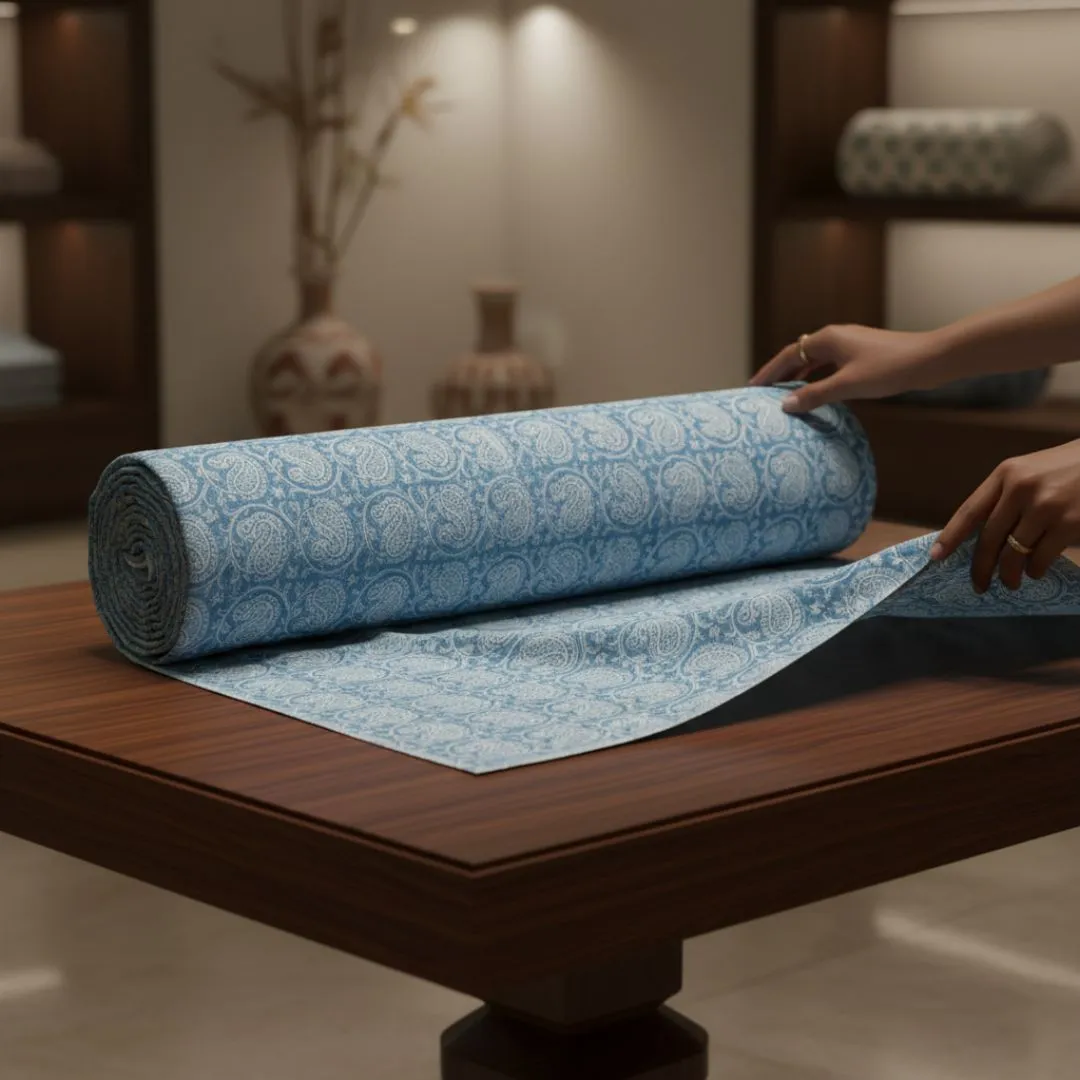 Single-Sided Hand Block Printed Mal Cotton Fabric – Blue Check | Sold Per Meter