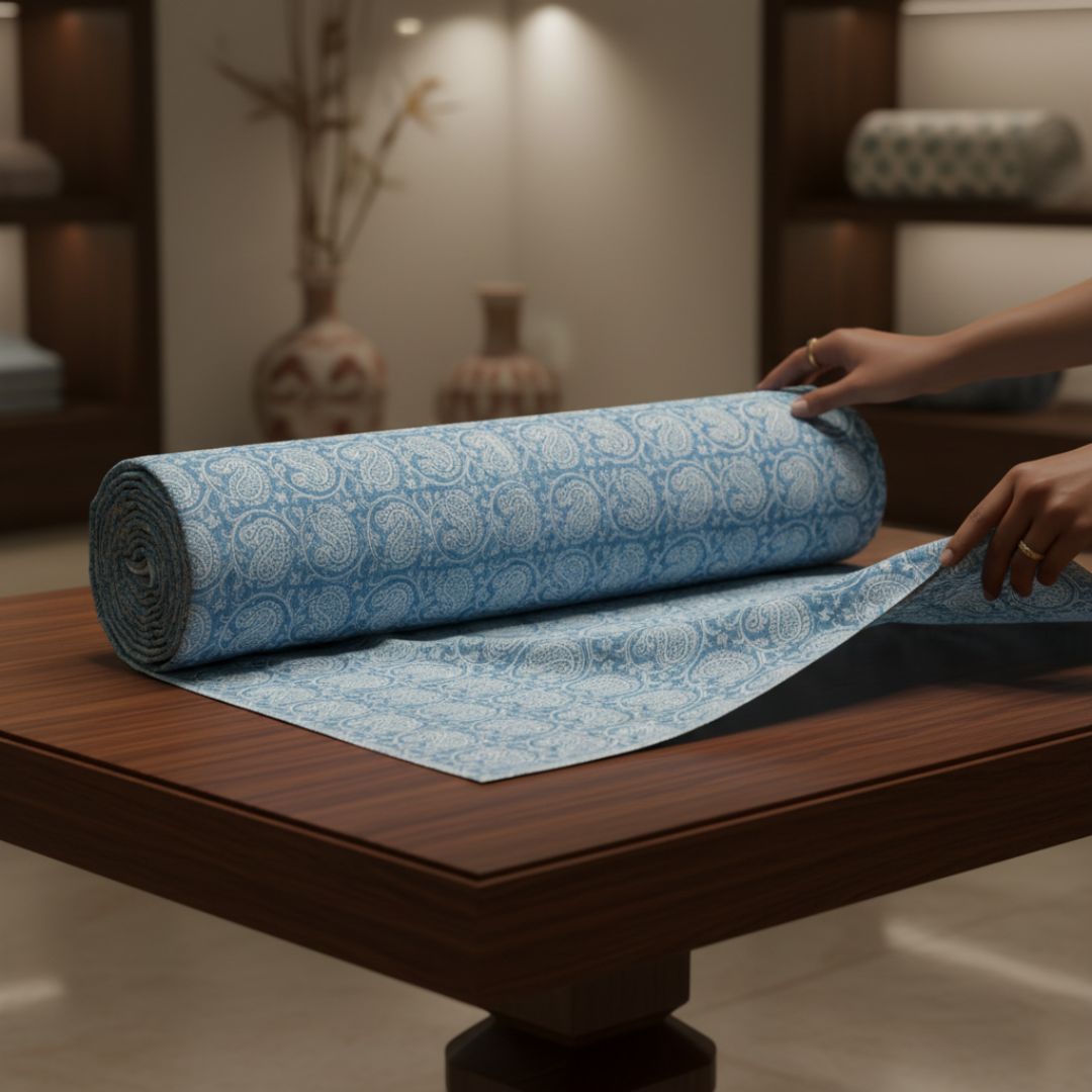 Single-Sided Block Printed Cotton Fabric in Blue Check Pattern