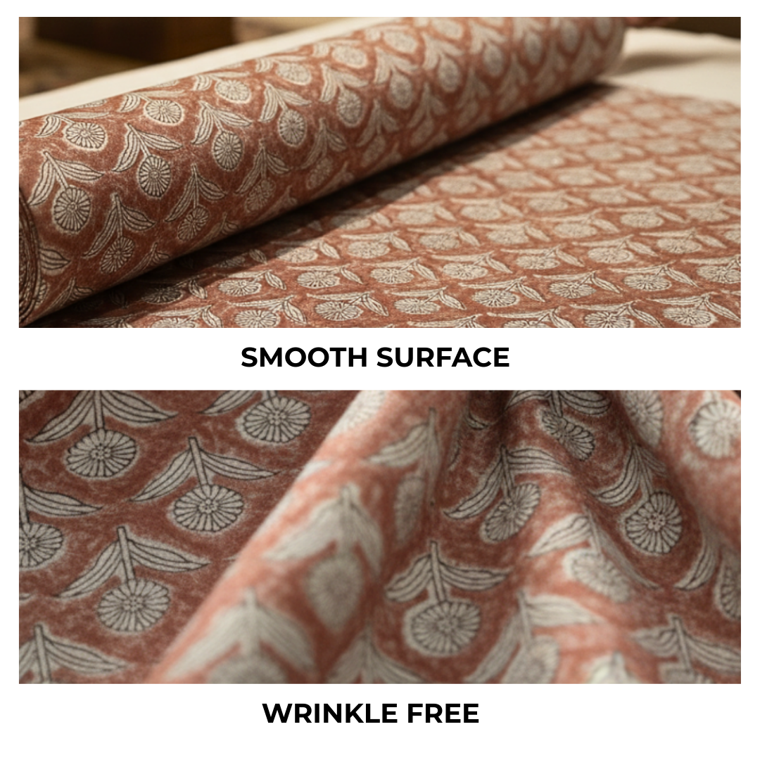 Single-Sided Block Printed Mal Cotton Fabric in Brown Geometric Lattice Pattern