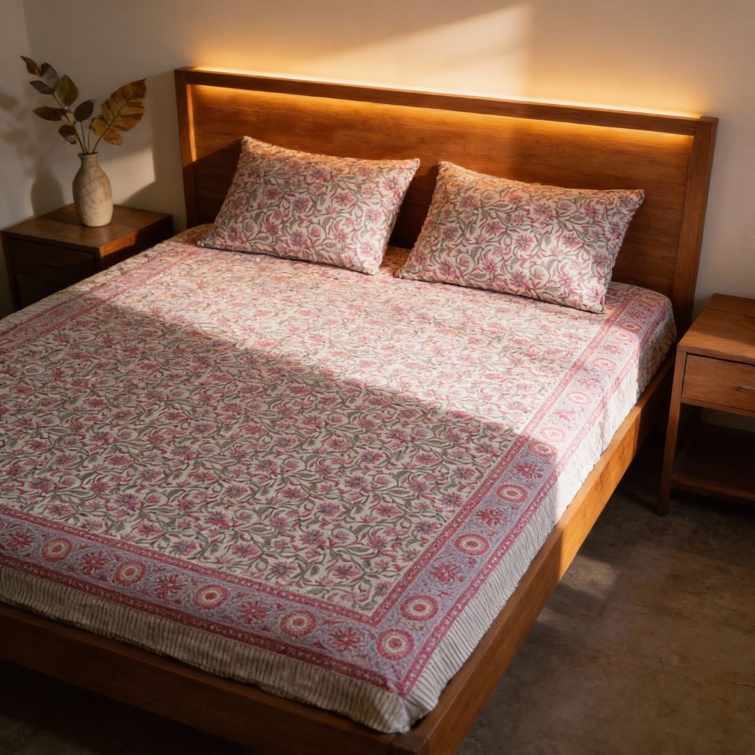 Single-Sided Block Printed Double Bedsheet in Soft Pink All-Over Pattern