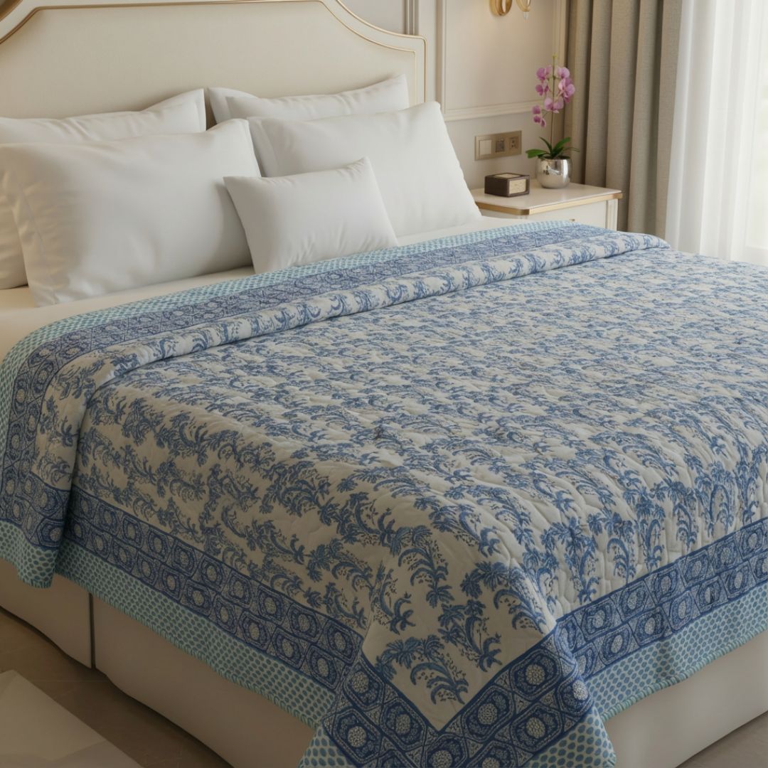 Single Double-Sided Block Printed Cotton Comforter in Blue Floral Pattern