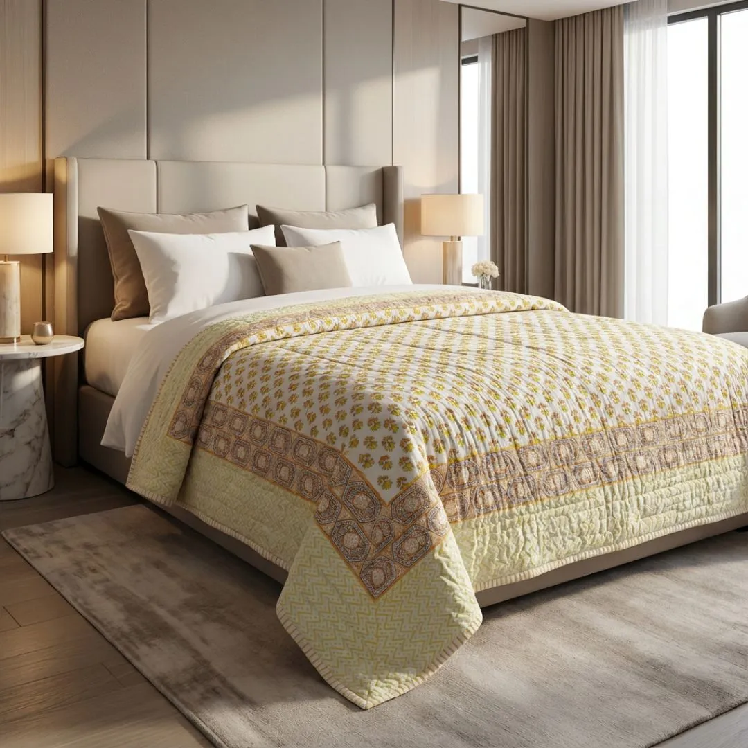 Single Double-Sided Block Printed Cotton Comforter in Yellow Floral Pattern