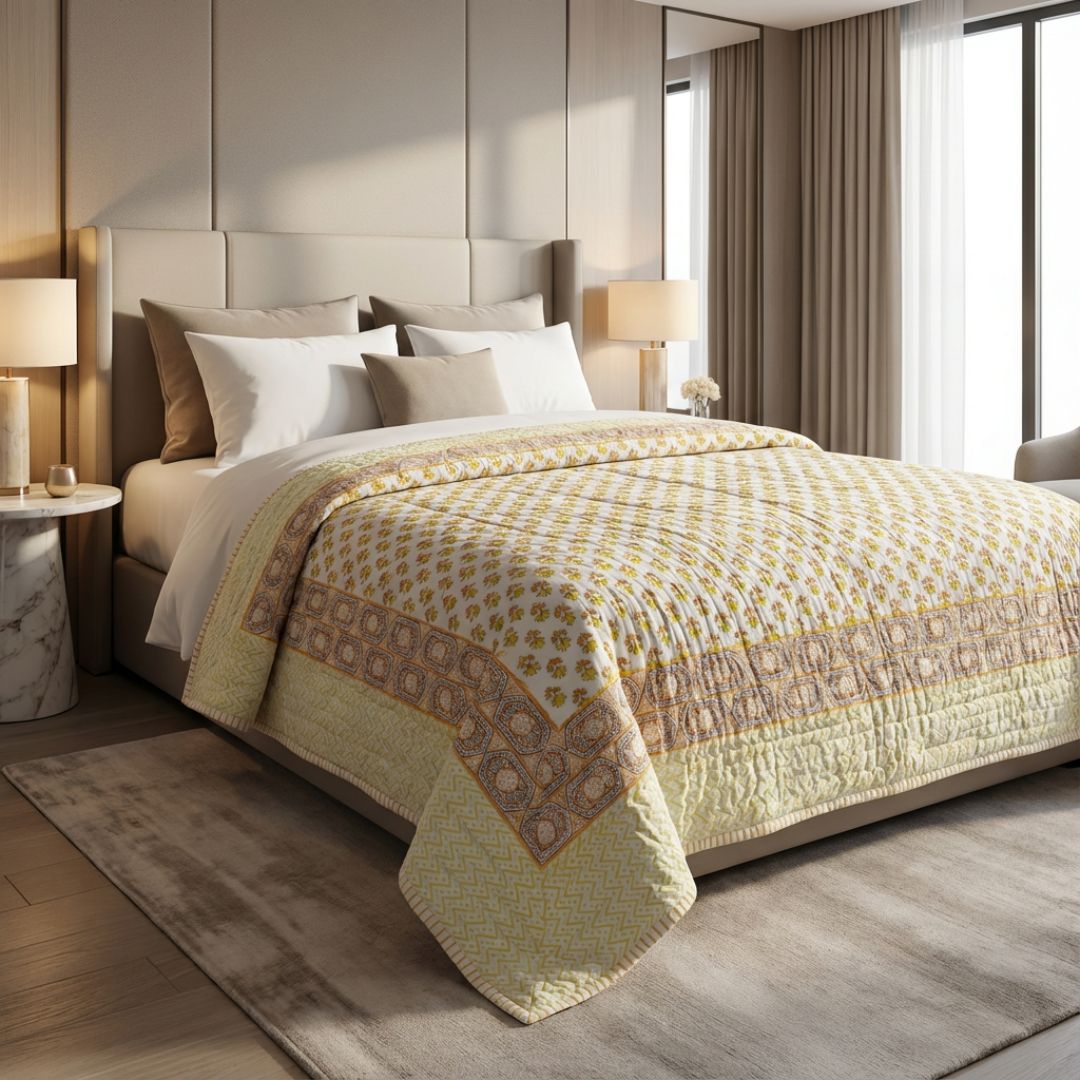 Single Double-Sided Block Printed Cotton Comforter in Yellow Floral Pattern