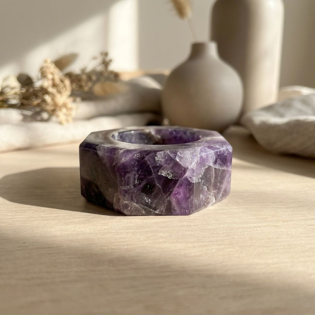 Amethyst Crystal Tea Light Holder for Home Decor and Meditation