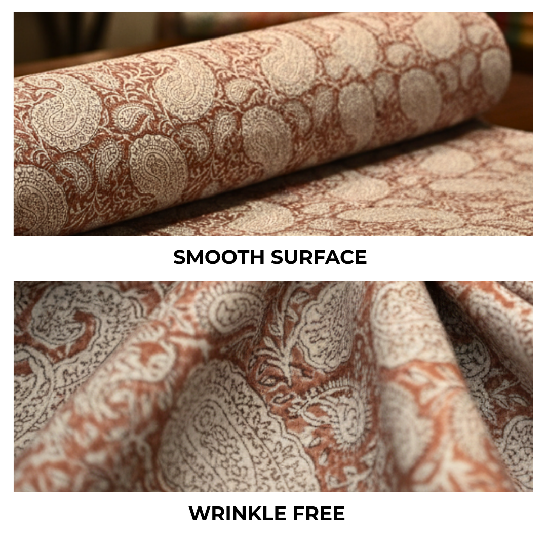 Single-Sided Block Printed Mal Cotton Fabric in Brown Paisley Pattern