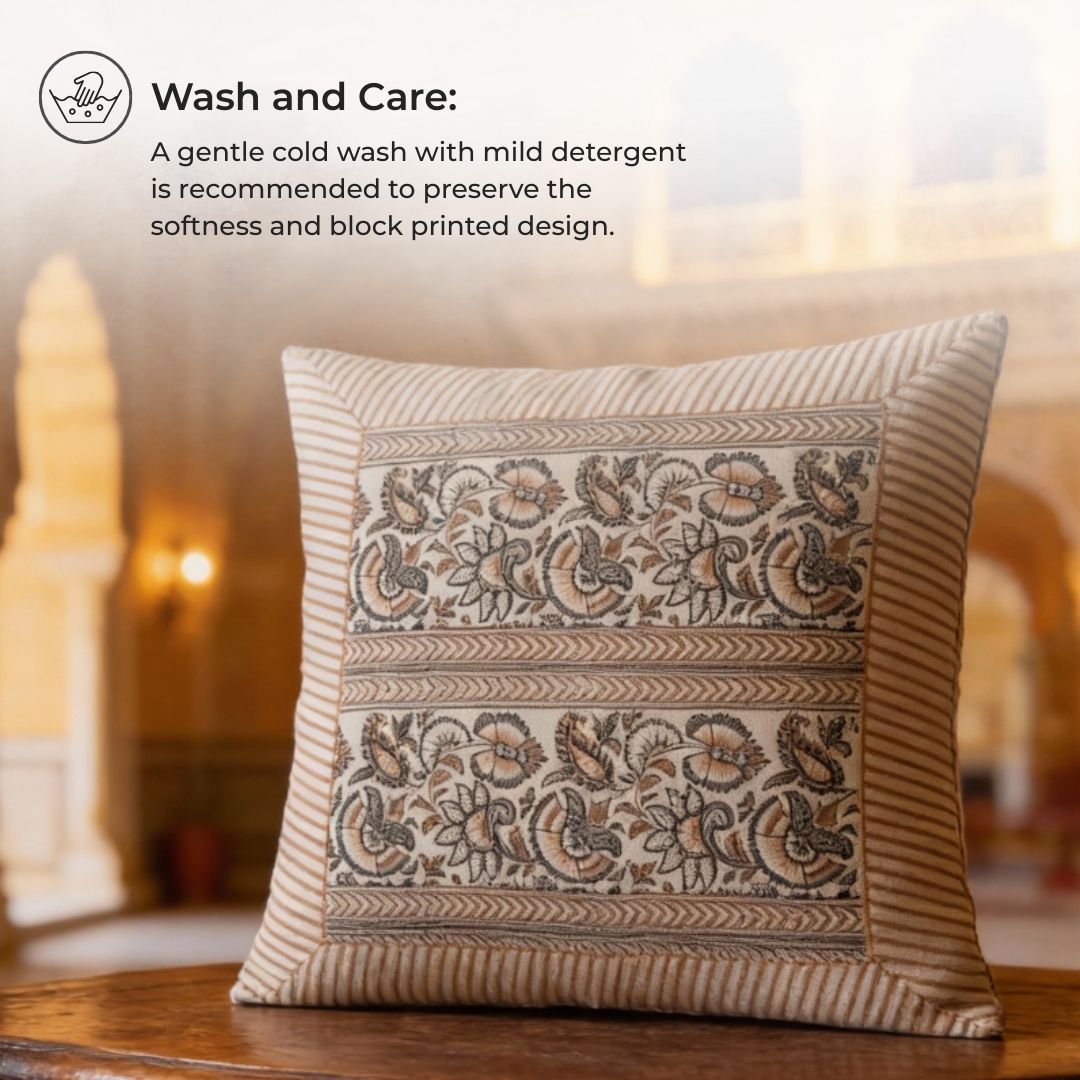 South Cotton Block Printed Cushion Covers with All-Over Pattern & Detailed Border (Set of 2)