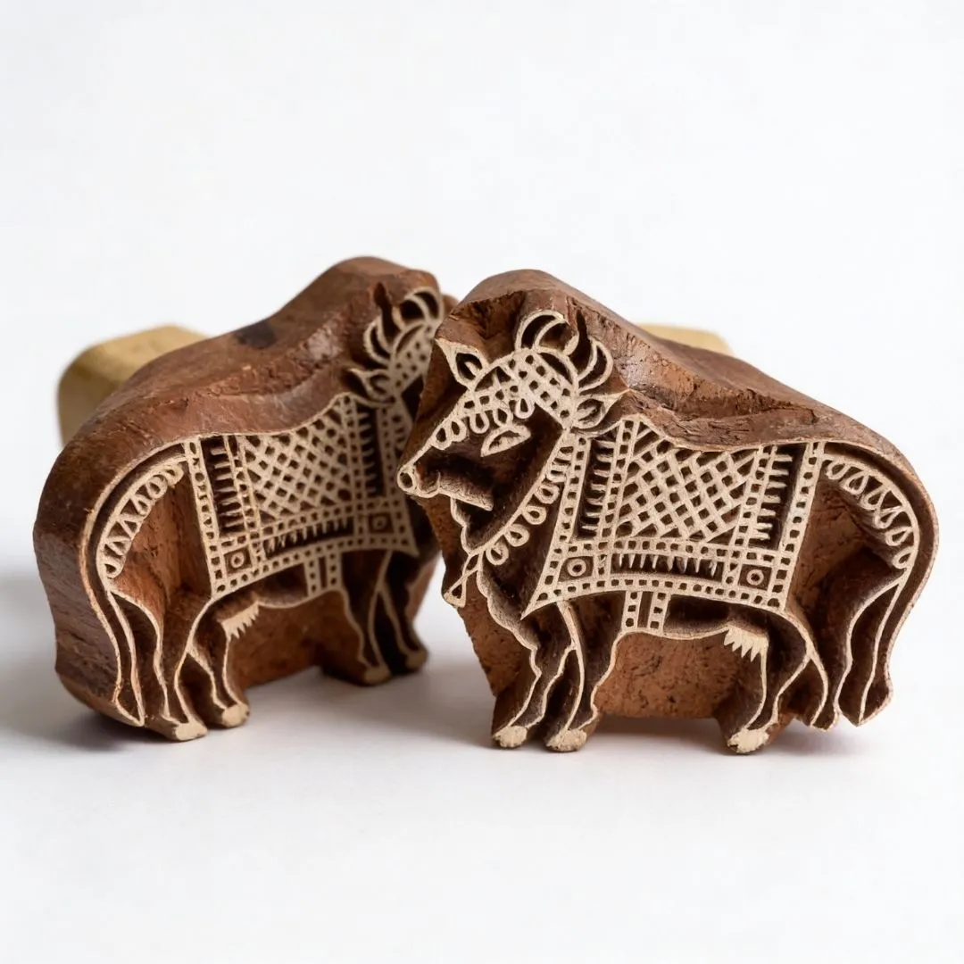 Handcrafted Gurjan Wood Cow Printing Blocks Pair for Textile and Paper Art