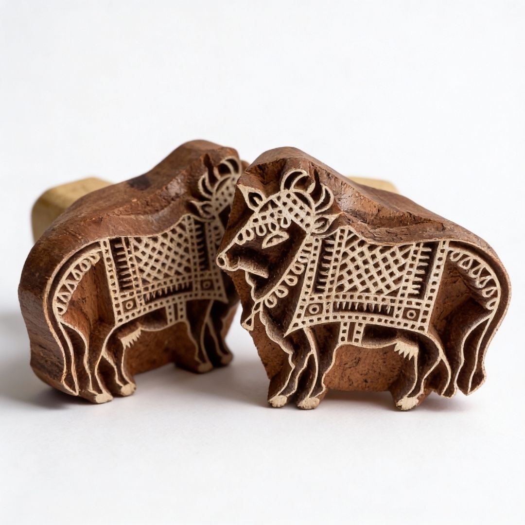 Handcrafted Gurjan Wood Cow Printing Blocks Pair for Textile and Paper Art