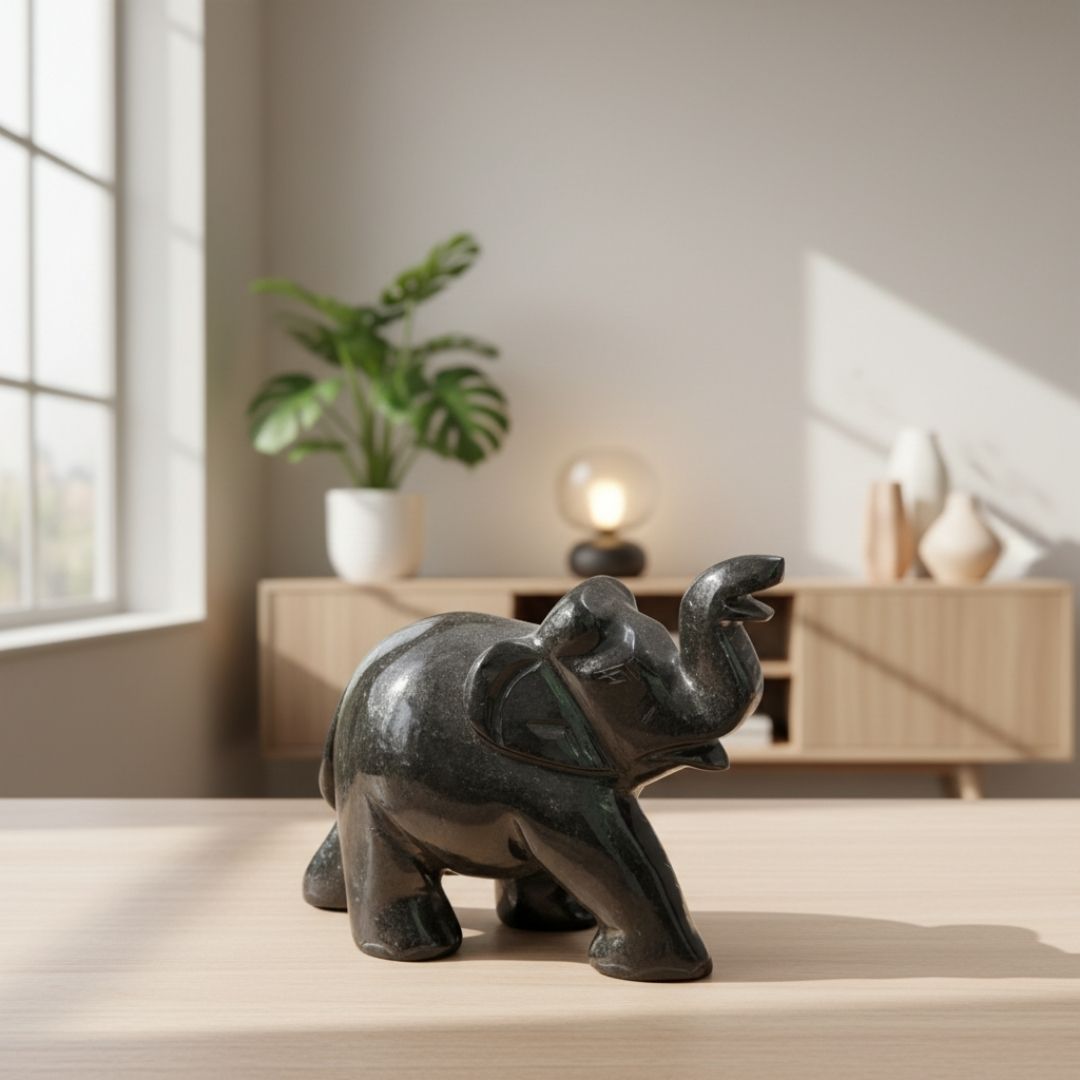 Black Aventurine Elephant Figurine for Home Decor and Good Luck