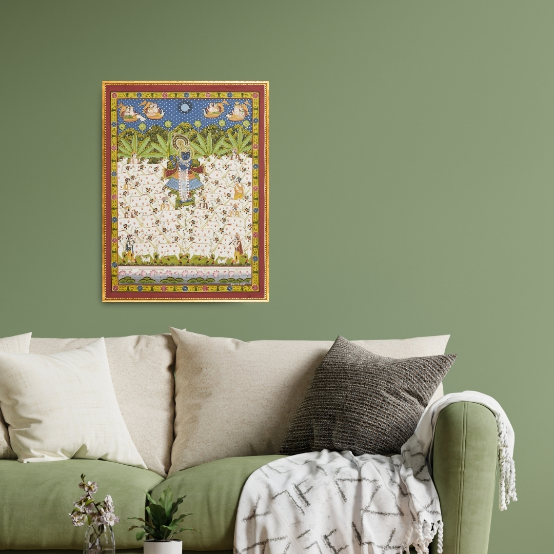 Pichwai Krishna Playing Bansuri with Multiple White Cows