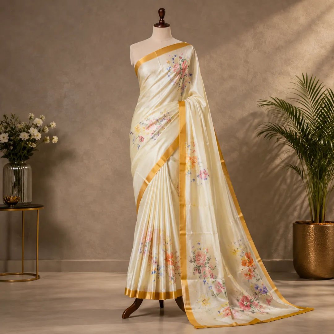 Handcrafted Cream Modal Silk Saree with Multicolor Floral Prints, Gold-Peach Borders & Blouse Piece